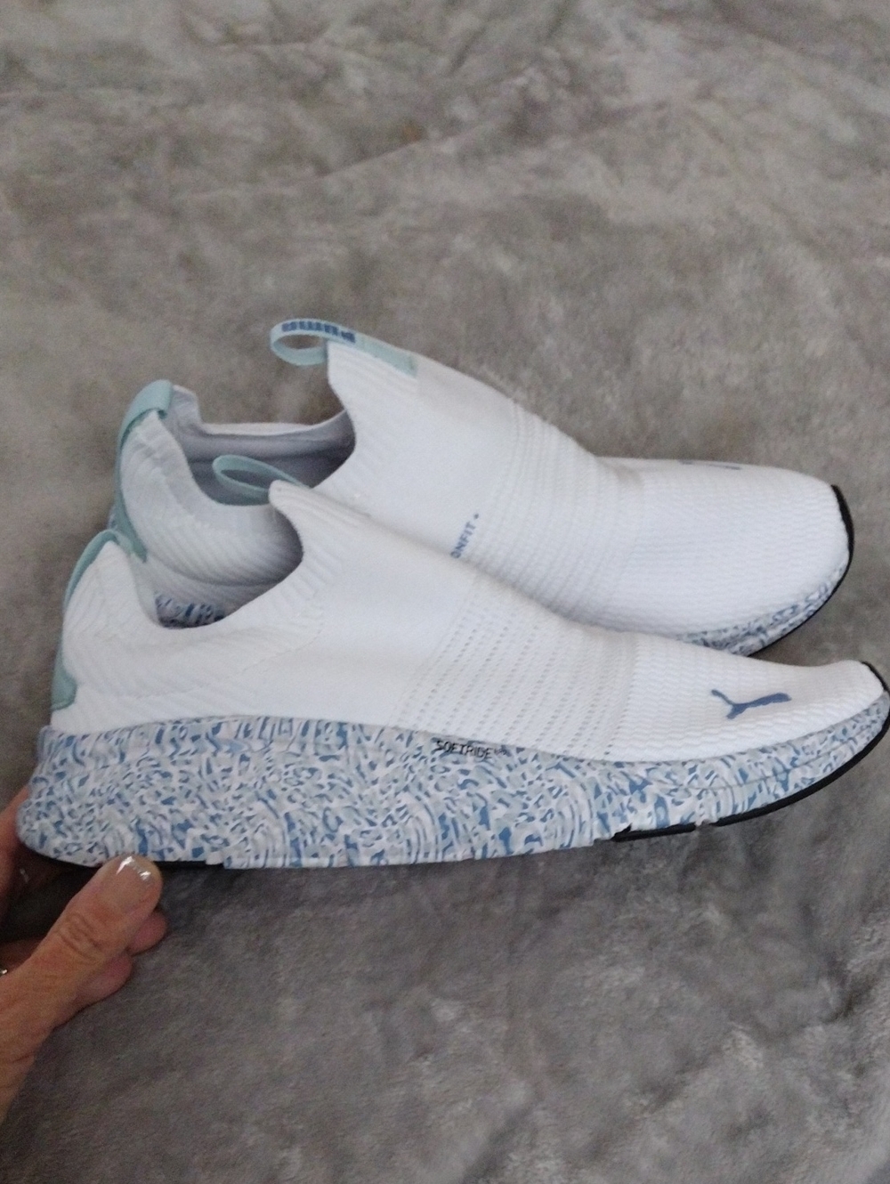 Puma White Knit Slip-On Sneakers with Light Blue Speckled Midsole..Woman's Sz-9